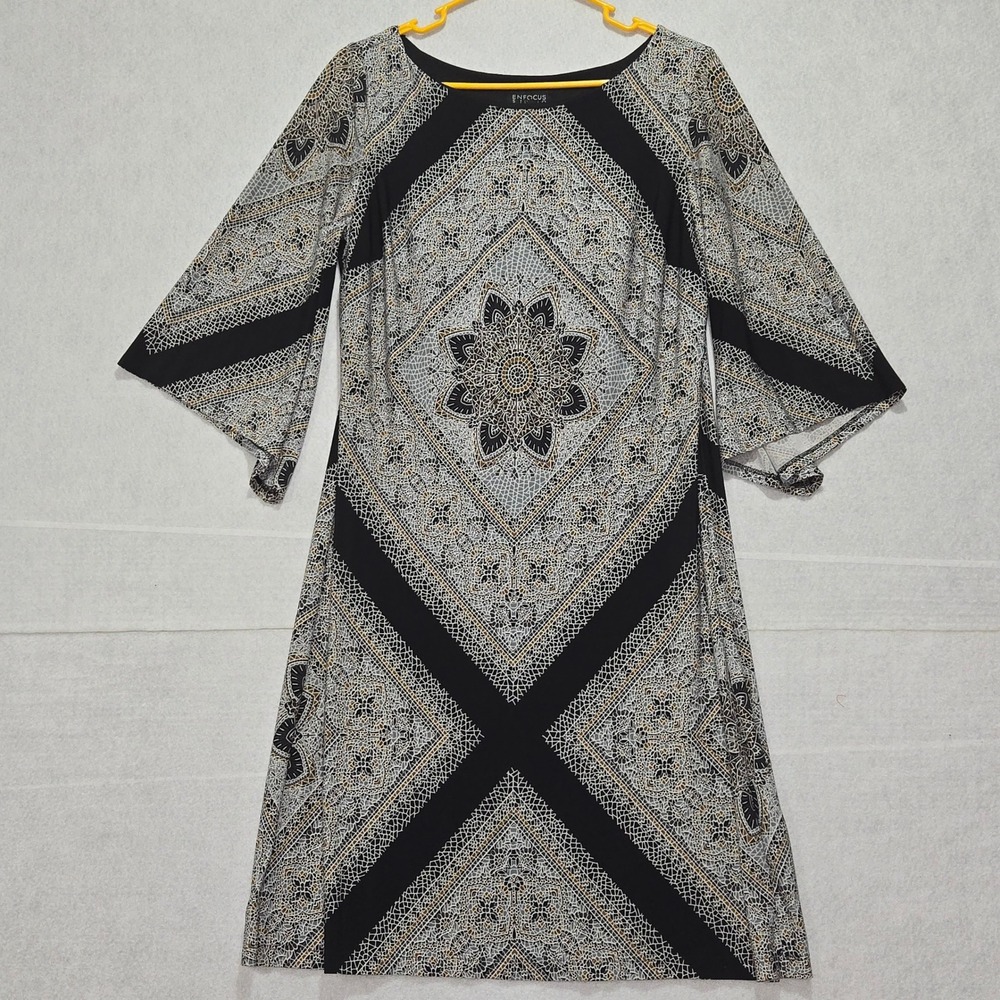 Enfocus‎ Studio Women's Black Tan White Paisley Print Bell Sleeve Dress Size 12